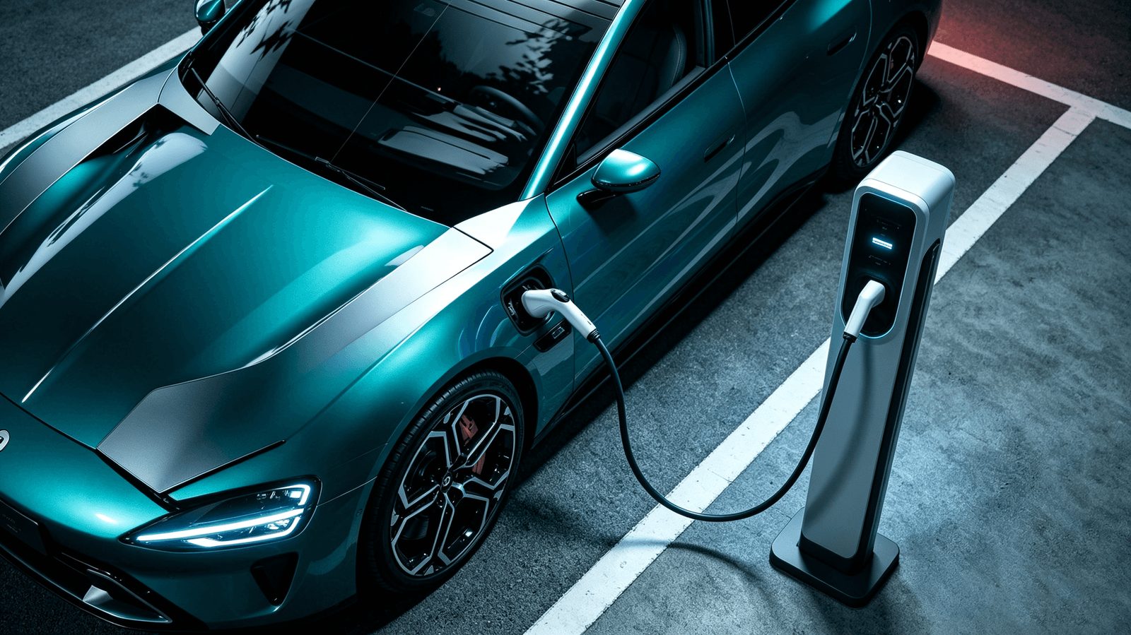 Aerial view of a teal electric car plugged into a slim charger in a marked bay