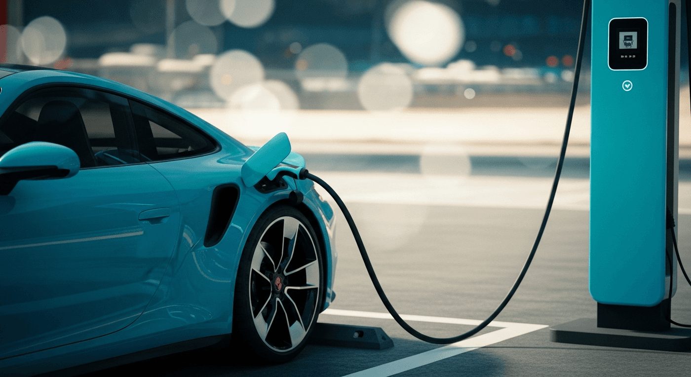 A turquoise sports car charging at a roadside charger with soft city bokeh