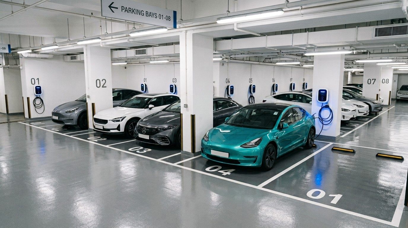 A Hong Kong estate car park with numbered bays and wall-mounted chargers beside several electric cars