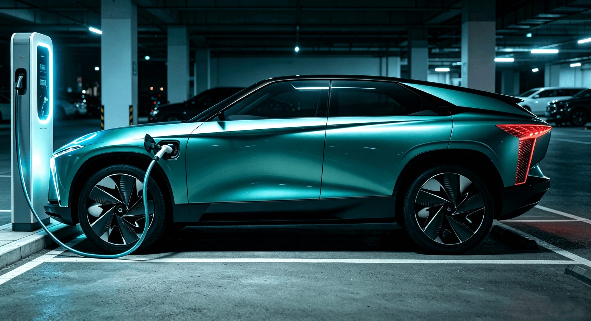 A teal electric SUV charging in a dark private car park, the charger glowing beside it