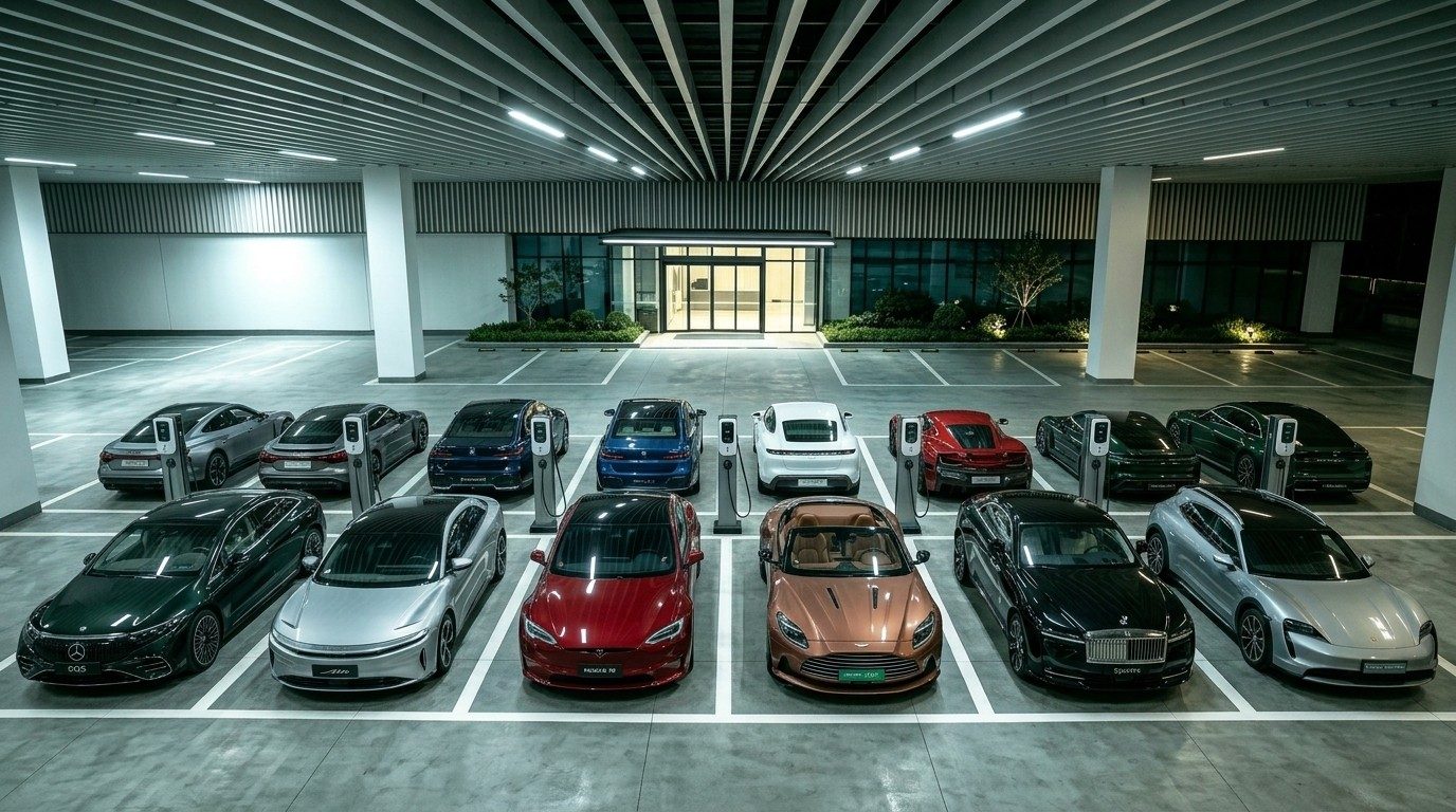Rows of premium electric cars parked in front of chargers in a large illuminated car park