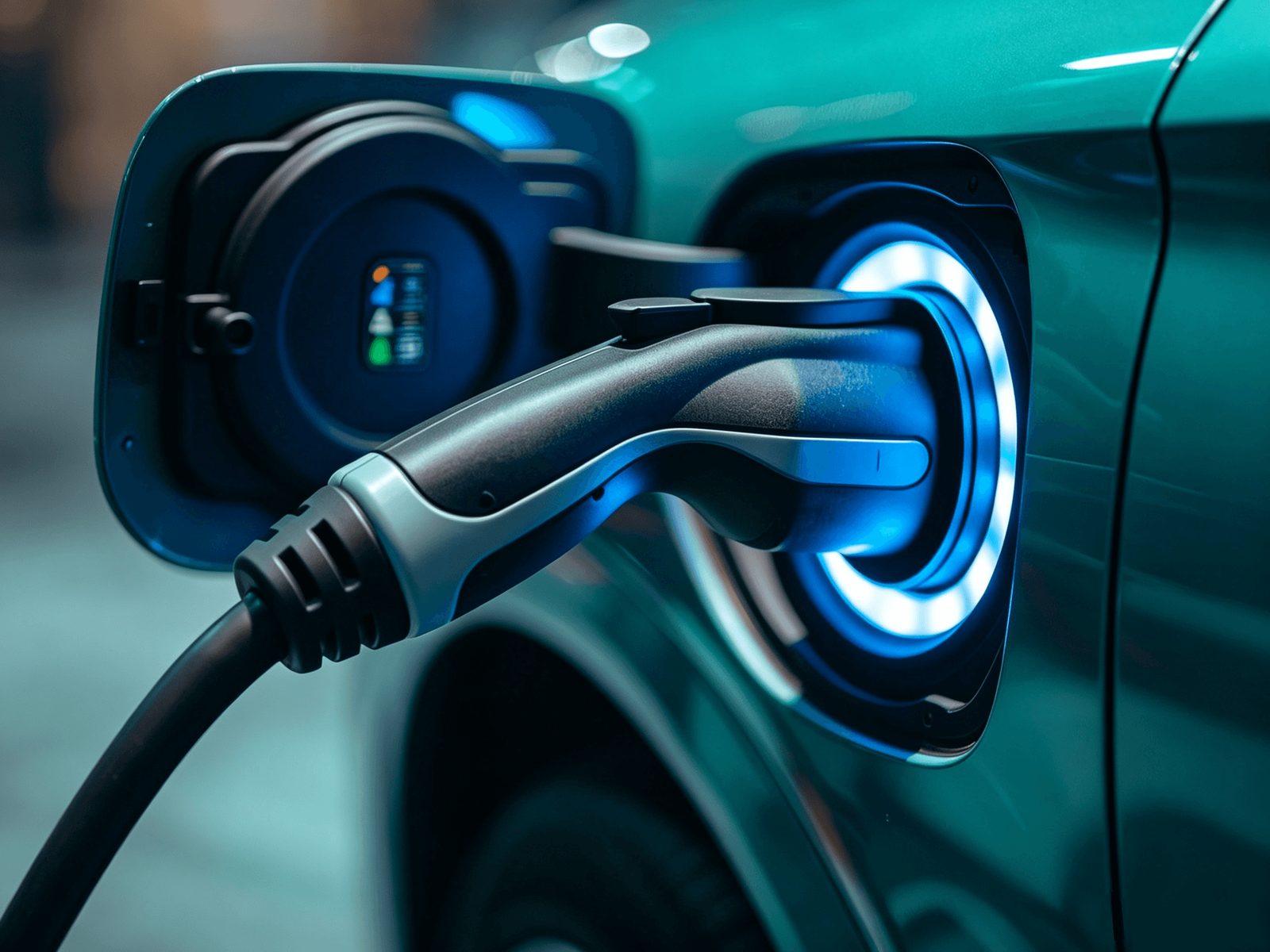 Close-up of a charging connector glowing blue as it plugs into a teal electric car