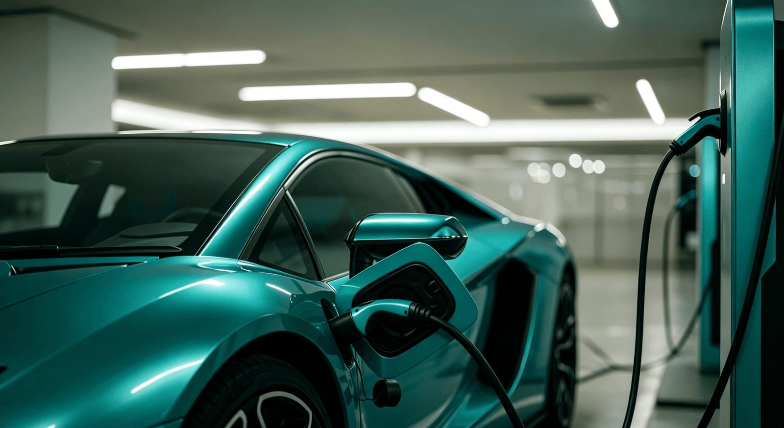 Close view of a teal sports car with its charging cable connected in a bright garage