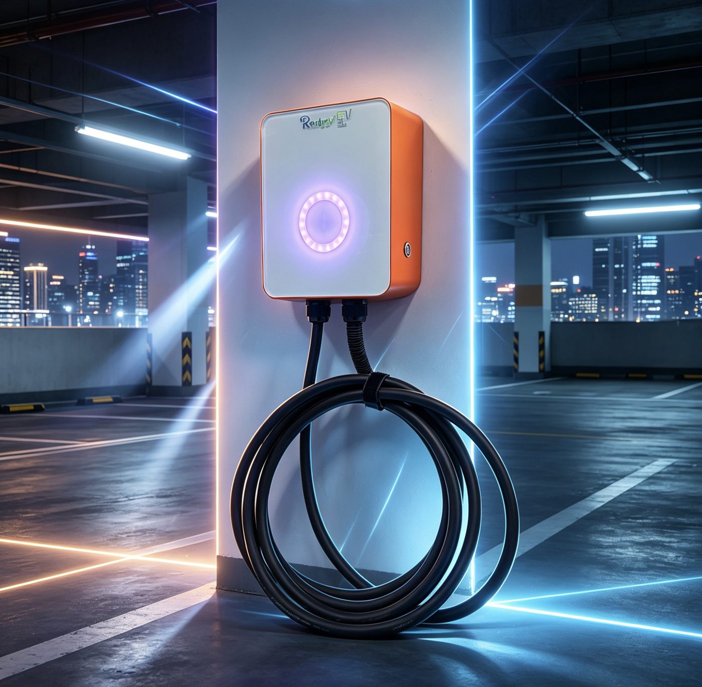 A slim wall-mounted kWii-style charger with an illuminated LED ring and neatly coiled cable in an underground car park